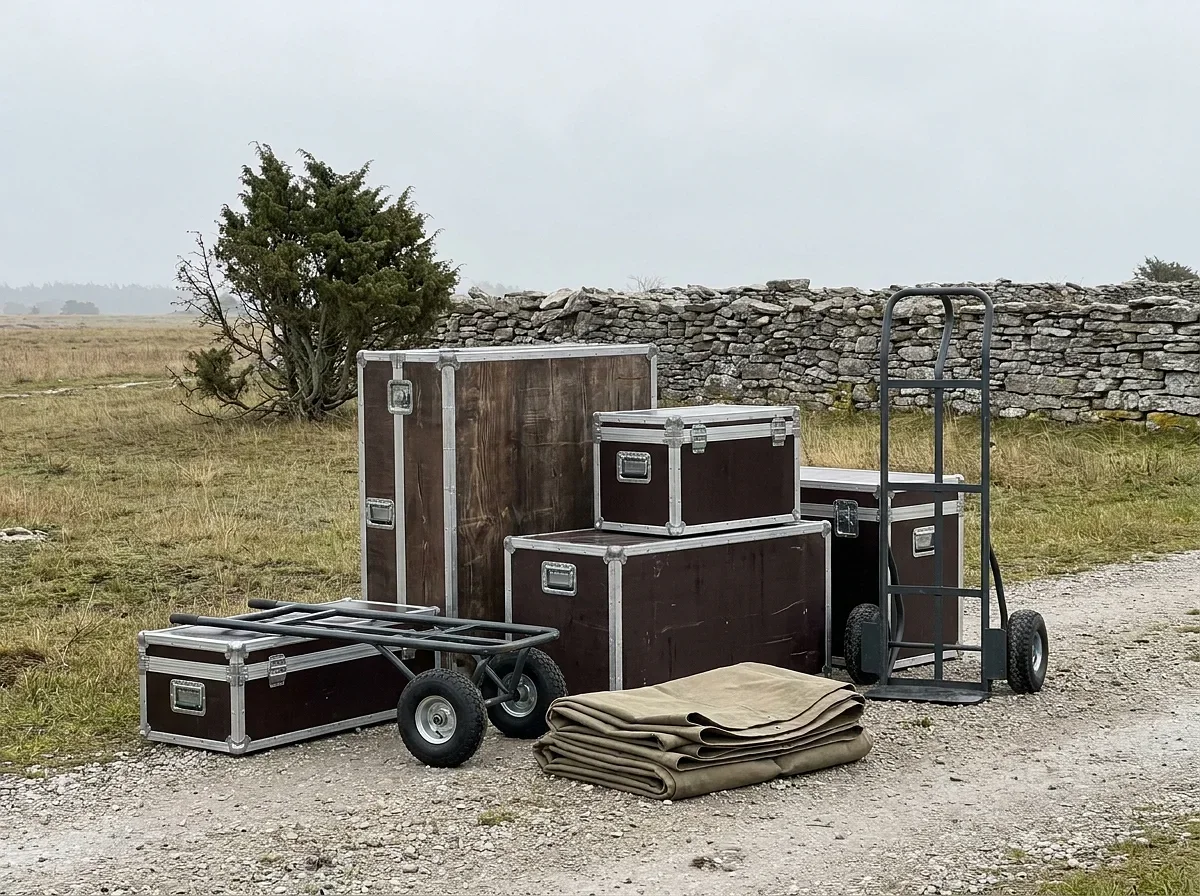 Transportlådor och kärrор med hjul på grusväg vid stenmur.